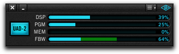 When you plug the Satellite into your computer, the UAD-2 Control Panel shows you how much processing power you have for plug-ins (the green line).